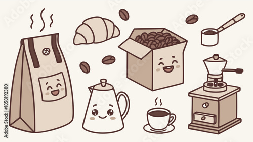 Cute Coffee Beans Grinder Croissant Vector Set Happy Cartoon Doodle Illustration for Cafe Menu and Morning Breakfast Design