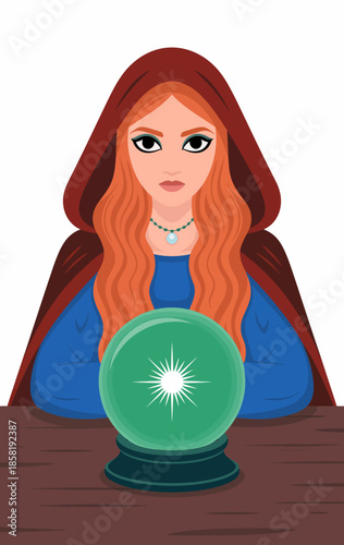 A captivating woman in a flowing cloak gazes into a glowing crystal ball, suggesting a sense of mystery, intuition, and a connection to the supernatural or spiritual realm.