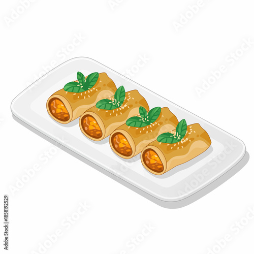 A platter of delicious, stuffed rolls garnished with green leaves, exuding a pop of flavor and elegance, ideal for gourmet cuisine lovers and social gatherings.