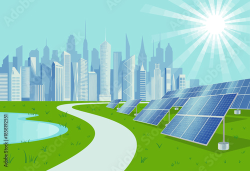 This illustration showcases solar panels in a lush green area, set against a contemporary city skyline, symbolizing the fusion of nature and technology for sustainability.