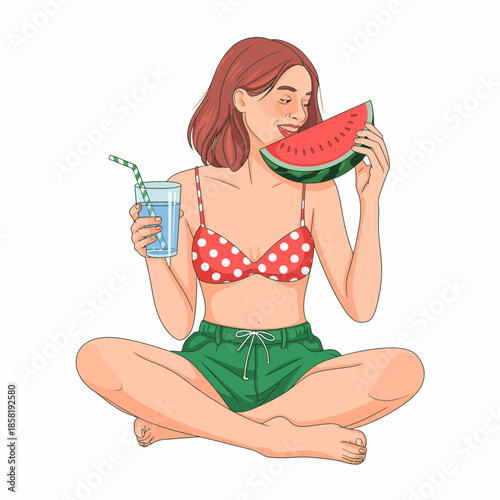 A young woman sits cross-legged, savoring a juicy slice of watermelon and a refreshing drink, capturing the essence of summer enjoyment and carefree moments.