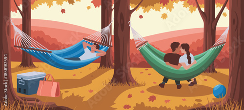 This serene nature illustration features cozy hammocks strung between trees, representing relaxation, companionship, and the beauty of shared moments in nature.