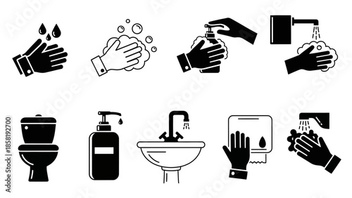 Black icons of people washing hands.