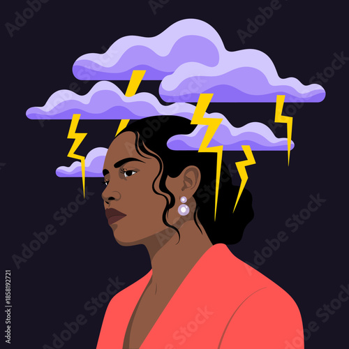 A striking portrait of a woman with clouds and lightning above her head, symbolizing her internal struggles and emotional turmoil, reflecting a deep and thought-provoking artistic concept.