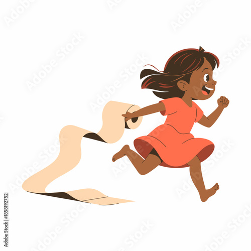 A playful image of a young girl joyfully running while pulling a long roll of paper, embodying childhood innocence and carefree spirit in a vibrant and lively setting.