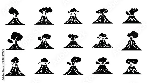 Black silhouette volcanic eruption icons set.