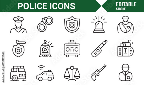 Police officer and security outline icon set