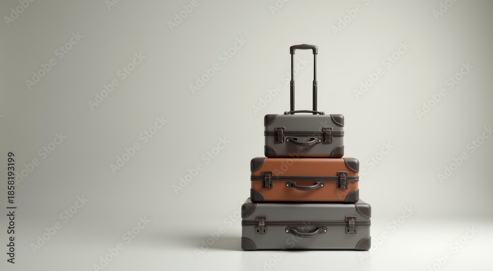 Fototapeta premium Three suitcases stacked on top of each other on a white surface