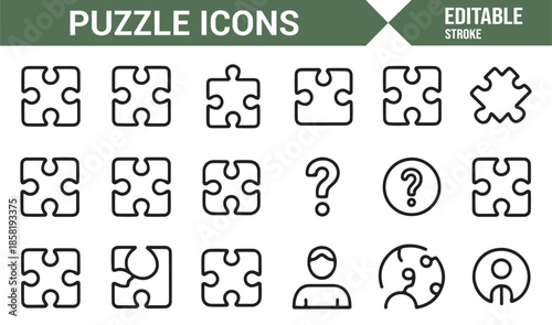 Jigsaw puzzle and solution concept line icons