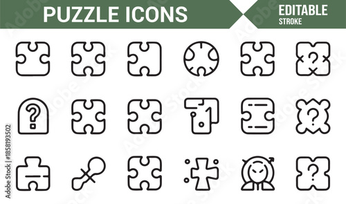 Puzzle and problem solving line icon set