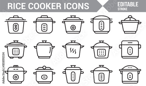 Rice cooking and kitchen appliance line icons