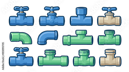 Colorful Plumbing Fixtures and Pipes Vector Illustration