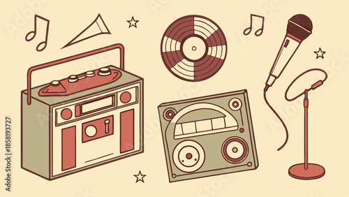 Vintage Retro Music Gear Illustration Boombox Vinyl Record Microphone Audio Equipment Nostalgia Design Assets for Entertainment Marketing