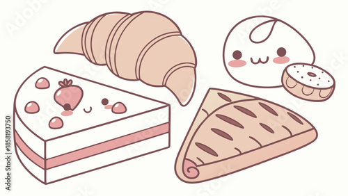 Cute Kawaii Bakery Desserts Illustration Croissant Cake Pastry Sweet Food Shop Graphics