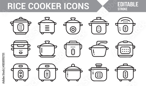 Home kitchen rice cooker line icon set