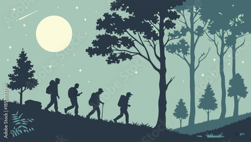 Group of Backpackers Hiking Uphill in Forest Silhouette Vector Illustration Night Adventure Travel Trekking Nature Exploration and Wellness