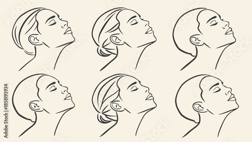 Minimalist Line Art Woman Profile Set Looking Upward Relaxing Neck Posture Stretch Vector for Beauty Wellness and Self Care Design