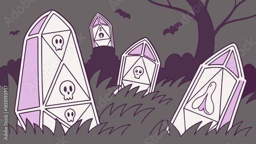 Spooky Halloween Graveyard Vector Illustration Eerie Geometric Crystal Tombstones with Skull Symbols and Bats Dark Gothic Background Design