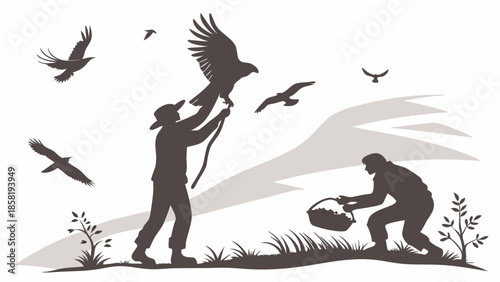 Traditional Falconry Silhouette Man Holding Eagle Raptor Vector Graphic for Wildlife and Freedom