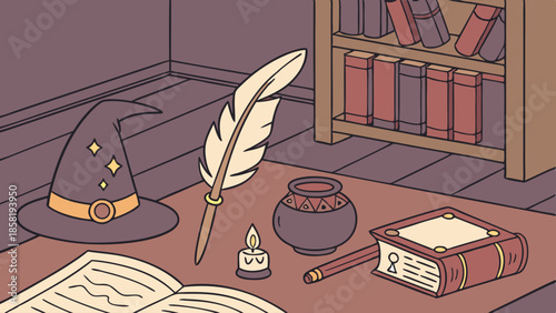 Magic Writing Desk Vector Illustration Wizard Hat Quill Inkwell Spellbook Cozy Fantasy Study Scene for RPG and Education