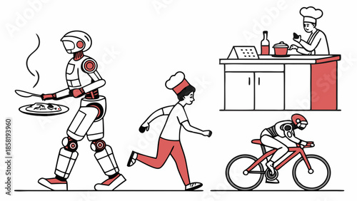 Automated Robot Chef Cooking and Human Workers Running Cycling for Fast Food Delivery and Future Service Labor