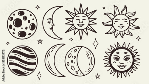 Hand Drawn Celestial Symbols Set Sun Moon Faces Outline Illustration Vintage Esoteric Line Art Graphics for Astrology and Bohemian Design