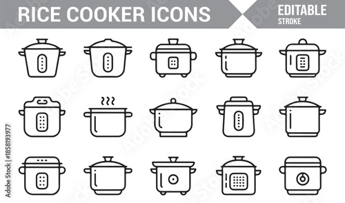 Kitchen rice cooker and food preparation line icons
