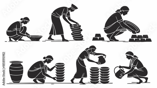 Ancient Civilization Women Workers Silhouette Stacking Pottery and Metal Ingots Historical Production and Inventory Management Illustration