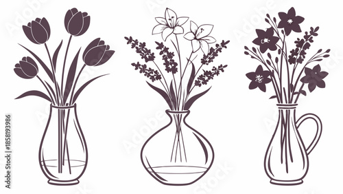 Spring Flower Bouquets Vector Line Art Set Elegant Botanical Outline Drawings for Web Design and Print Decoration