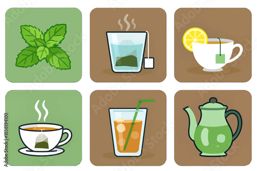 Flat Design Vector Icons of Tea and Ingredients