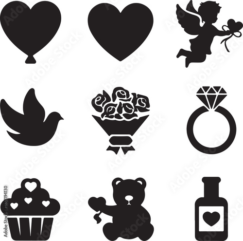 set of vector silhouettes of hearts And angel 