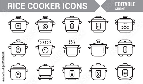 Rice cooker and kitchen appliance line icon set