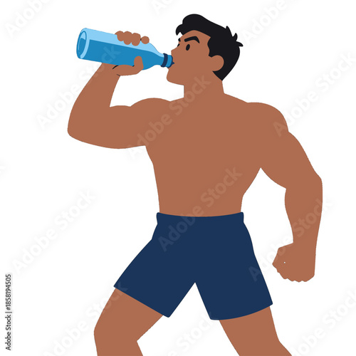Muscular Man Drinking Water Bottle Illustration