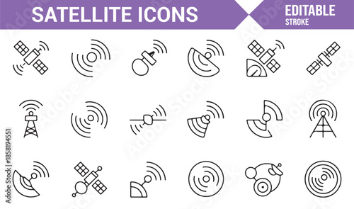 Wireless satellite communication line icon set