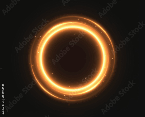 Abstract glowing golden ring with light trails and shimmering particles on a dark background