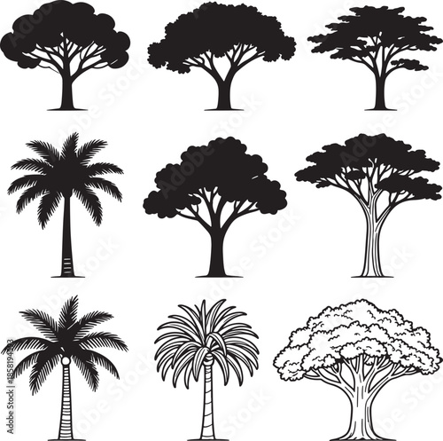 set of trees silhouettes
