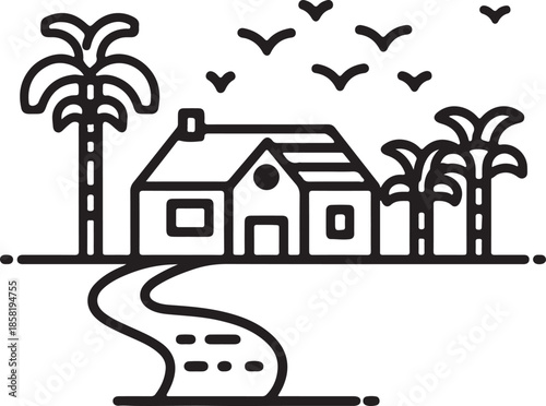 house and tree silhouette  , village theme 
