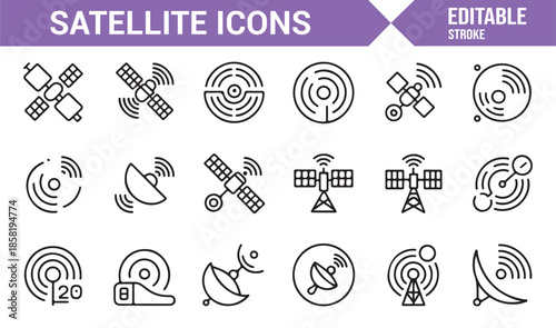 Satellite communication and signal line icon set