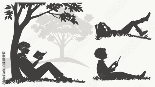 Diverse People Reading Books and Digital Tablets Outdoors Silhouette Illustration Summer Leisure and Education
