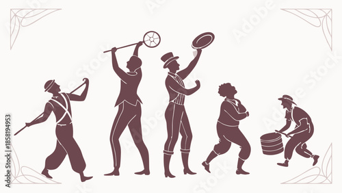 Vintage Theater Performers Silhouettes Dynamic Stage Show Illustration Historical Entertainment Graphic Design Element