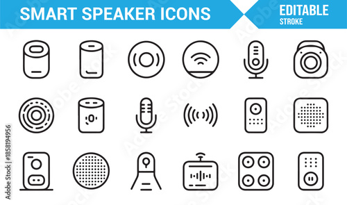 Voice controlled smart speaker line icons