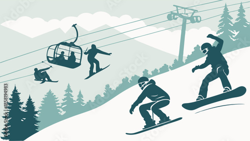 Dynamic Snowboarders Riding Down Snowy Mountain Slope Vector Illustration Winter Sports Resort Adventure Travel and Recreation Marketing