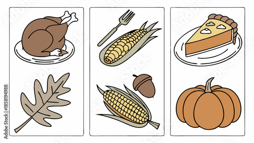 Autumn Thanksgiving Holiday Food Icons Set Turkey Pumpkin Pie Corn Leaf and Pumpkin Harvest Vector Graphic