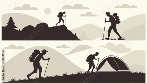 Outdoor Adventure Hiking Silhouettes Trekking People Climbing Mountains Backpacking and Setting Up Camp Journey Exploration Vector Graphic