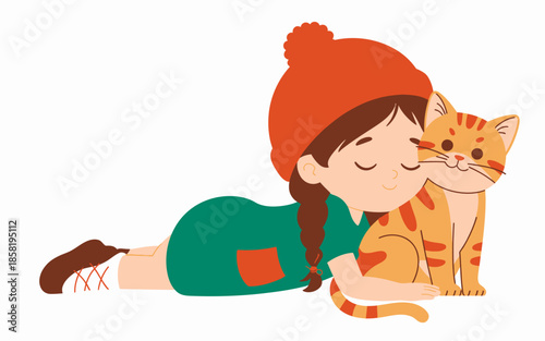 A young girl in a green dress and orange hat affectionately cuddles with a playful ginger cat, showcasing a heartwarming bond between children and pets in a charming illustration.