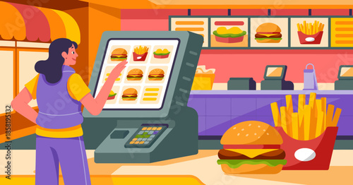 This image features a stylish fast food kiosk where a customer interacts with a digital menu displaying various burgers and sides in a vibrant, inviting atmosphere.