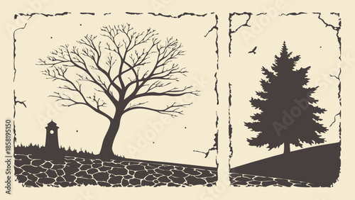 Traditional Woodcut Illustration of Seasonal Contrast Bare Winter Tree and Evergreen Pine Silhouette Rustic Nature Landscape Design Element