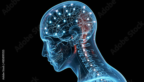Transparent Human Head with Glowing Neural Network and Brain Activity