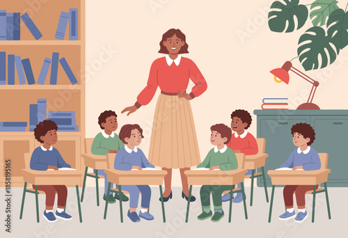 A teacher stands confidently with a group of attentive young boys in a classroom, embodying education, care, and knowledge sharing in a supportive learning environment.