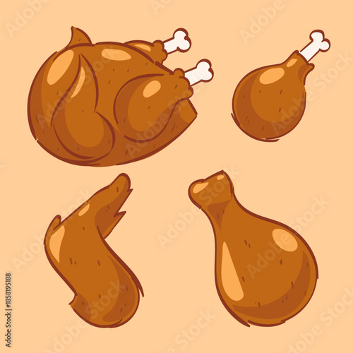 Roasted Chicken and Drumstick Cartoon Illustration Set Vector